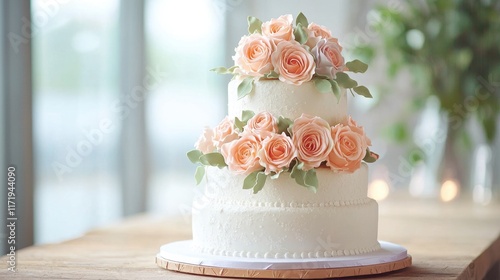 A delightful three tiered wedding cake adorned with pastel roses, creating a lovely and sophisticated centerpiece for any elegant wedding celebration. photo