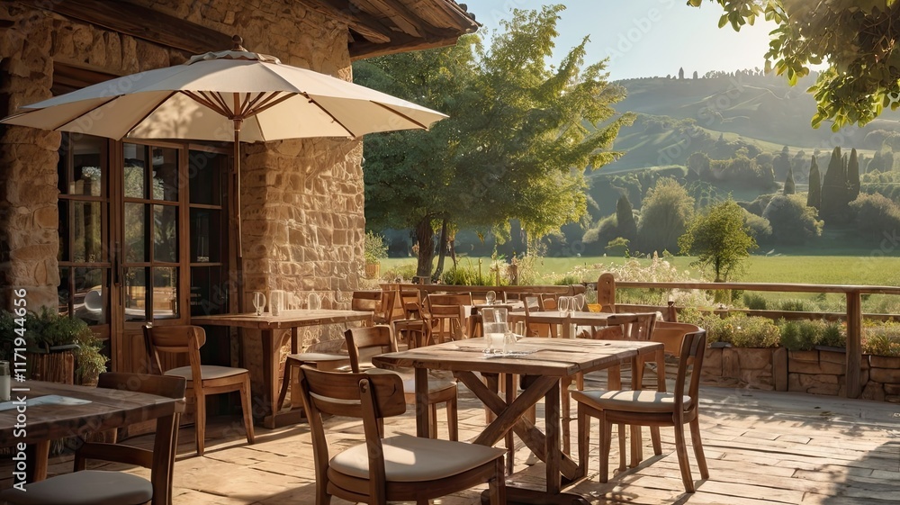 Obraz premium A patio with a white umbrella and wooden chairs
