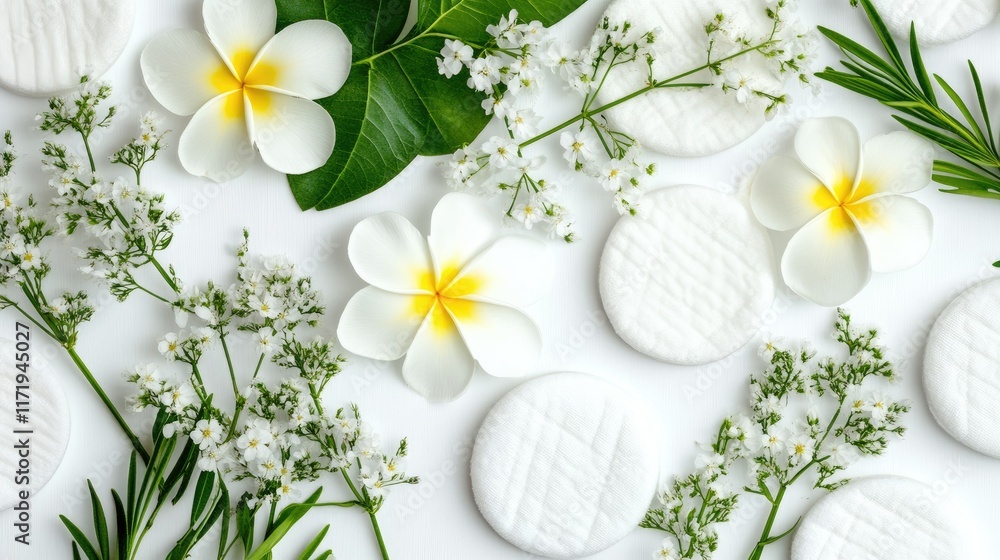 A luxurious flat-lay of serum toners, frangipani blossoms, and cotton pads, complemented by calming green herbs on a white surface A luxurious flat-lay of serum toners, frangipani blossoms, and cotton pads, complemented by calming green herbs on a white surface