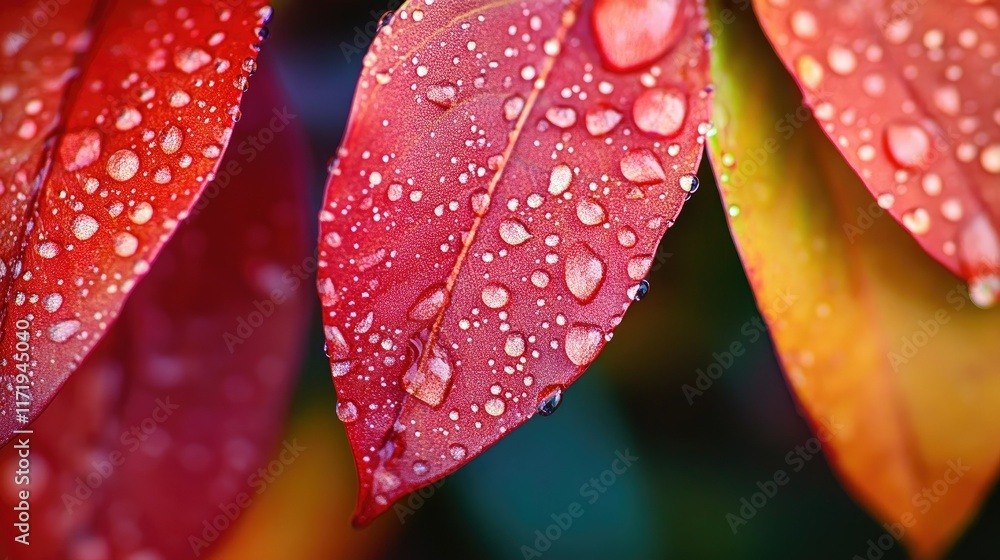 A macro shot of a red ixora cluster with dewdrops on vibrant green leaves, creating a fresh, tropical morning vibe A macro shot of a red ixora cluster with dewdrops on vibrant green leaves, creating a fresh, tropical morning vibe