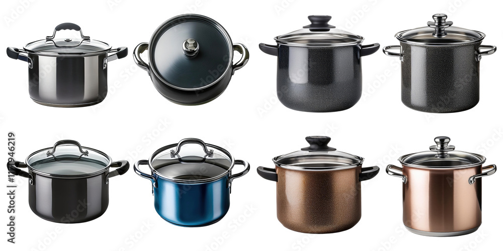 Variety of Cooking Pots on Transparent Background Variety of Cooking Pots on Transparent Background