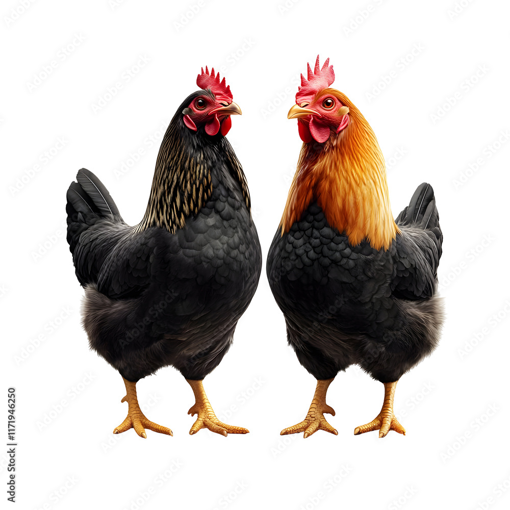 Fototapeta premium Two black and brown chickens facing each other isolated on a white background.