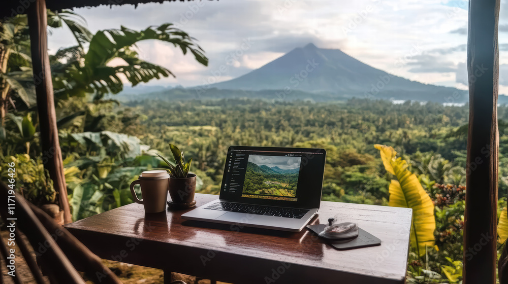 Fototapeta premium serene remote workspace with laptop, coffee, and stunning mountain view. This tranquil setting inspires creativity and productivity in nature embrace