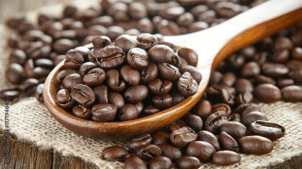 Fototapeta premium A rustic wooden spoon filled with coffee beans, resting on a burlap sack with scattered beans around for a cozy, organic feel