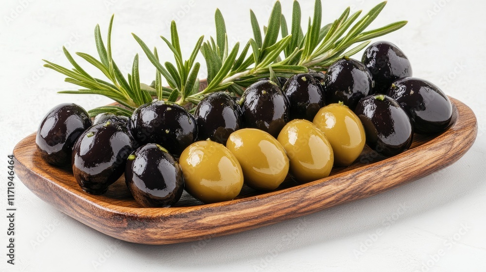 A rustic wooden platter showcasing boneless black and green olives, sprinkled with herbs, placed on a light background. A rustic wooden platter showcasing boneless black and green olives, sprinkled with herbs, placed on a light background.