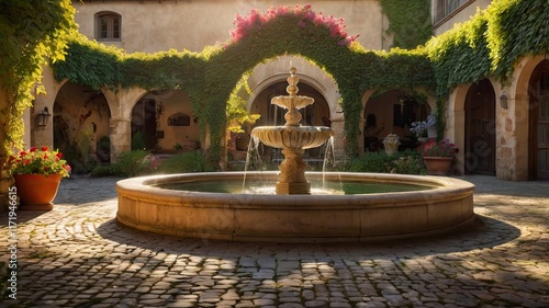 A large fountain sits in the middle of a courtyard with a green archway above it