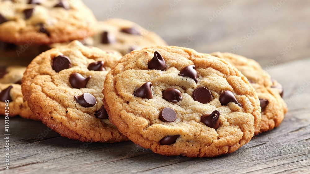 The freshly baked, golden brown chocolate chip cookies are placed on a rustic wooden table, emitting a warm, inviting aroma that fills the room The freshly baked, golden brown chocolate chip cookies are placed on a rustic wooden table, emitting a warm, inviting aroma that fills the room