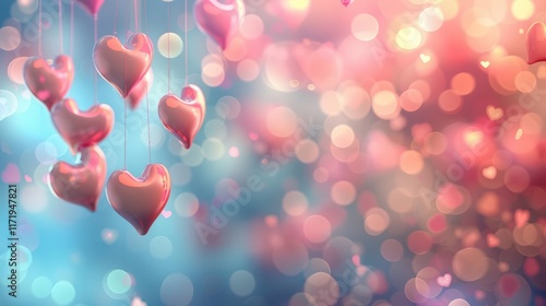 A dreamy background with hanging hearts and soft bokeh lights, perfect for romantic themes.