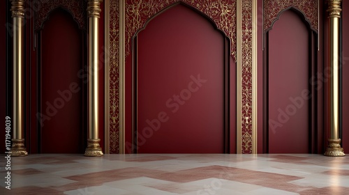 Elegant interior with ornate arches and rich red walls.