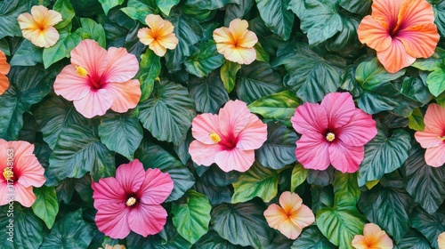 A vivid texture of hibiscus blooms and leaves, arranged naturally to create a stunning floral background in a lush garden park