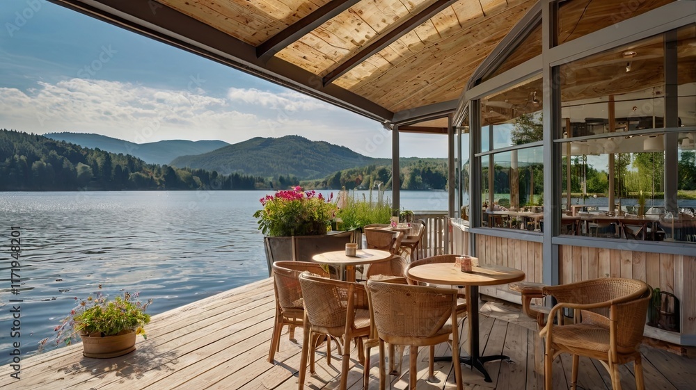 Fototapeta premium A restaurant with a view of a lake