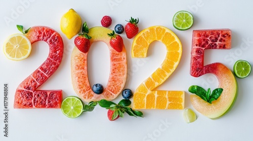 Bright, juicy fruits such as lemons, limes, and strawberries styled into  on a white background to celebrate the New Year healthfully