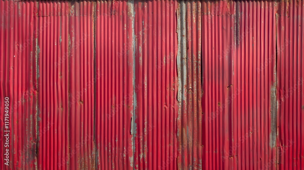 Red Corrugated Metal Sheet with Rust and Paint Degradation Red Corrugated Metal Sheet with Rust and Paint Degradation