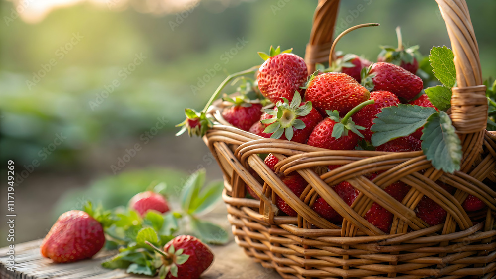 Freshly Picked Strawberries in a Woven Basket Against Nature Freshly Picked Strawberries in a Woven Basket Against Nature