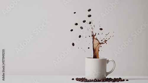 Coffee splashing out of a tilted mug, with coffee beans raining down in a natural motion on a white background, creating an energetic scene