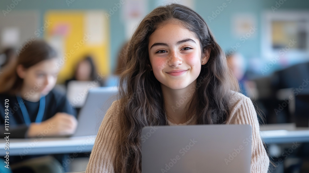 Canadian teenage girl studying in classroom using computer laptop Canadian teenage girl studying in classroom using computer laptop