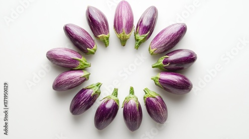 Terong lalap, or Thai eggplants, arranged in a circle on a clean white background for a minimalist food concept. photo