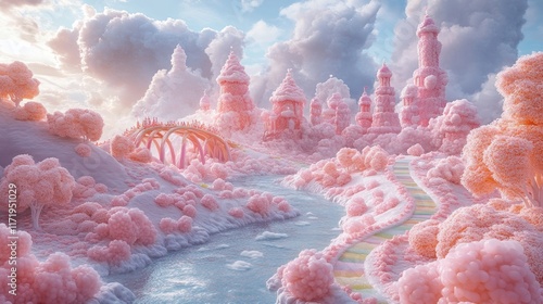 A Magical Wonderland with Colorful Candy Landscapes Muffin Mountains Sugar Rivers and Bright Rainbow Bridges in a Dreamlike Fantasy Playground