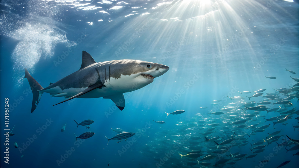 Naklejka premium Majestic Great White Shark Swimming in Clear Blue Ocean Waters