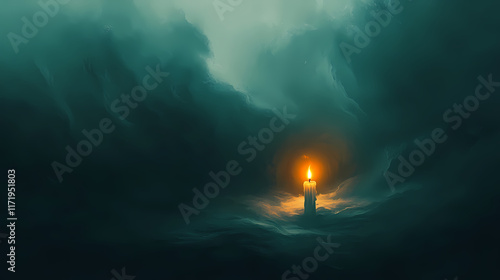 In the midst of a windy storm, one candle shines steady, its soft light cutting through the oppressive darkness, while others fade into oblivion. Oblivian. Illustration photo