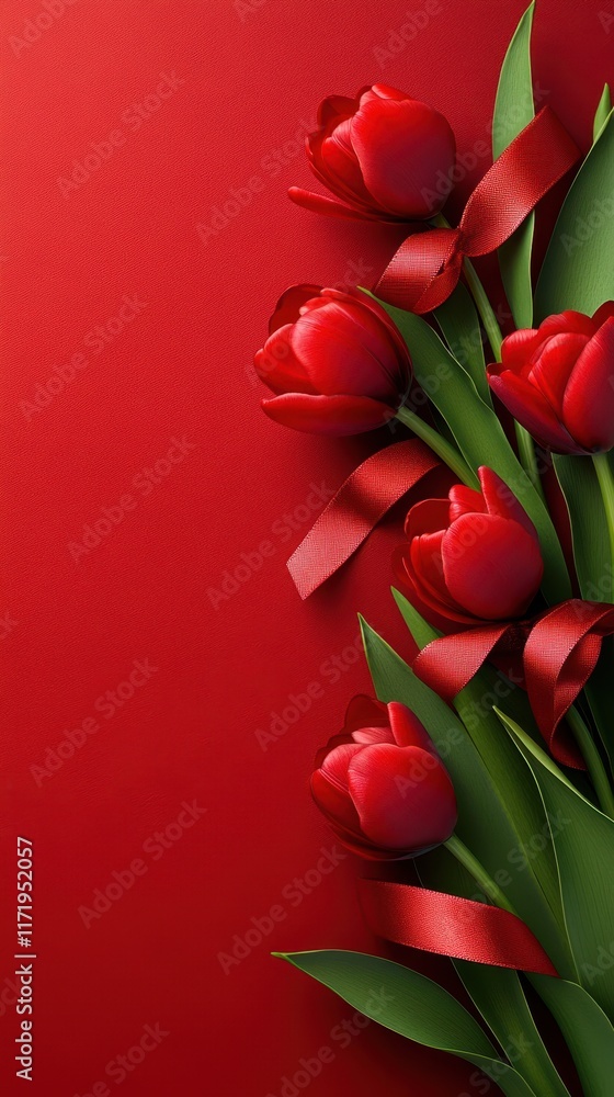 A vibrant display of red tulips blooms against a bold red backdrop, symbolizing love and passion, perfect for Valentine's Day celebrations. A vibrant display of red tulips blooms against a bold red backdrop, symbolizing love and passion, perfect for Valentine's Day celebrations.