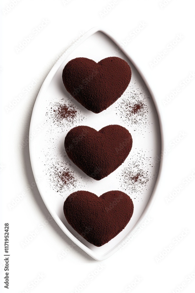 Obraz premium Three delectable chocolate hearts rest on a pristine white plate, dusted with a delicate layer of powdered sugar, perfect for sharing on Valentine's Day.