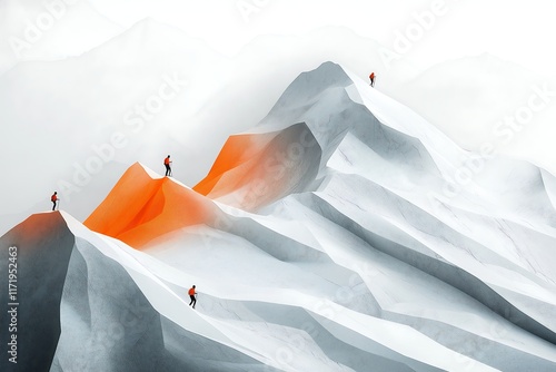 mountain climbers ascending a rocky peak in the Knuckles Mountain Range, Sri Lanka. Use simple, clean lines and abstract shapes, with minimal detail photo