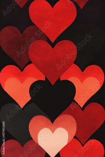 A charming display of vibrant red and deep black hearts lined up, creating a romantic atmosphere perfect for celebrating love on Valentine's Day.