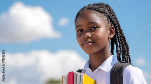 Black teenage student girl holding textbook go to school library