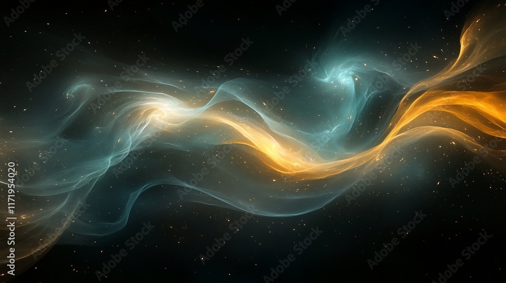 Abstract swirling cosmic nebula with teal and gold glowing smoke. Abstract swirling cosmic nebula with teal and gold glowing smoke.