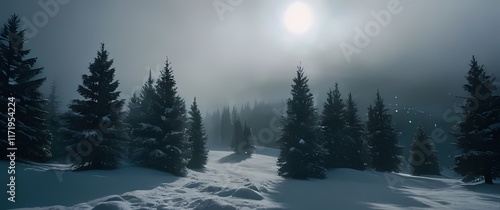 An elegant shot of a snowcovered landscape dotted with evergreen trees photo