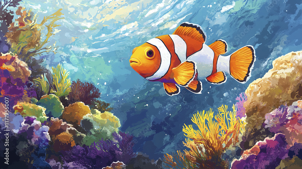 Fototapeta premium Bright orange clownfish swimming among colorful coral reefs in ocean