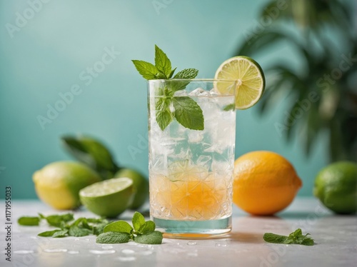 Wallpaper Mural A tall glass of clear white rum garnished with a slice of lime and a sprig of mint. Torontodigital.ca