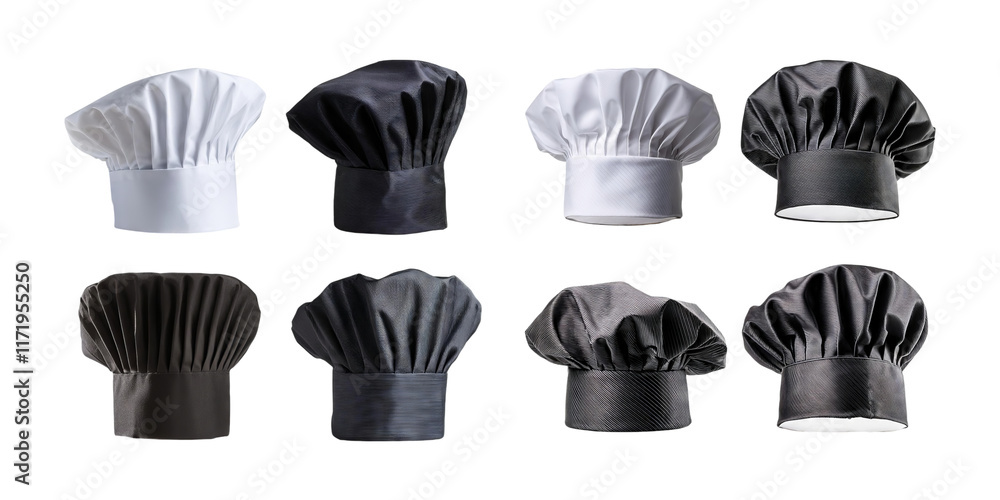 Selection of Chef Hats in Various Colors and Styles on Transparent Background Selection of Chef Hats in Various Colors and Styles on Transparent Background