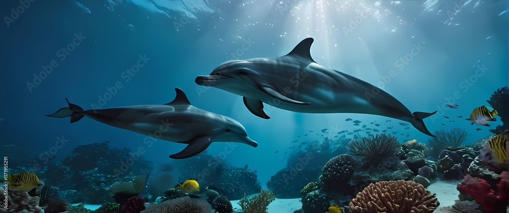 Fototapeta premium An underwater scene showcasing dolphins swimming gracefully among coral reefs