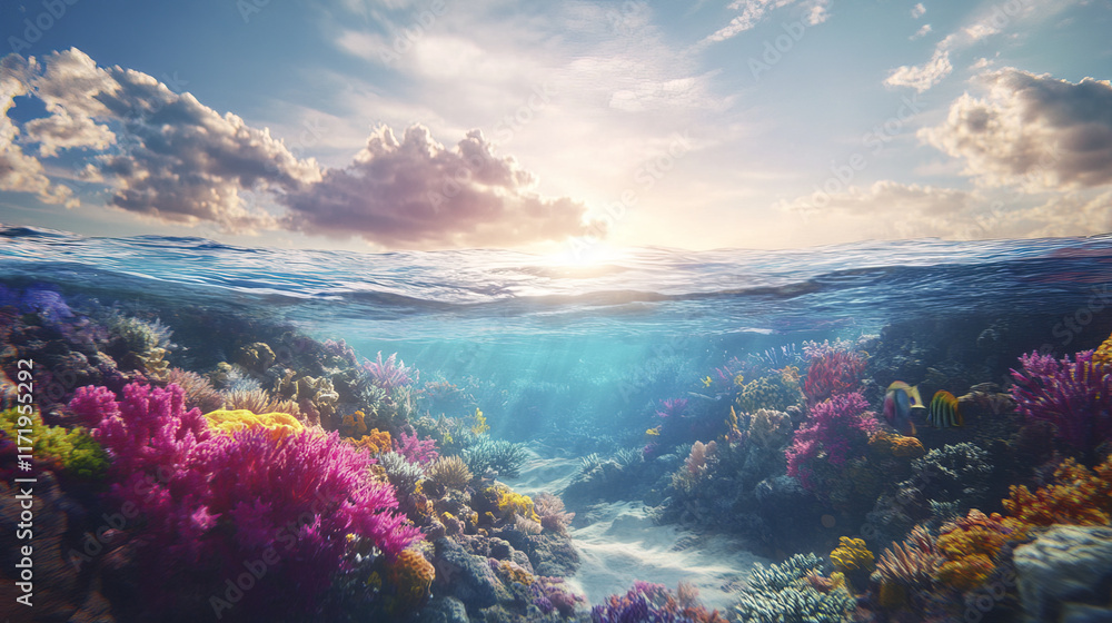 vibrant underwater coral reef illuminated by sunlight, showcasing colorful marine life vibrant underwater coral reef illuminated by sunlight, showcasing colorful marine life