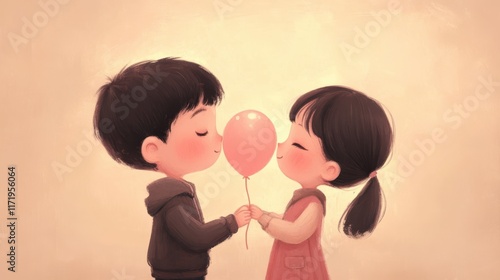 A tender moment captured in a painting, showcasing a boy and girl sharing a soft kiss, embodying the essence of love and affection on Valentine's Day.