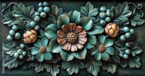 Deep Green Floral Pattern Art Nouveau Style 1900s Intricate Decorative Flowers and Plants