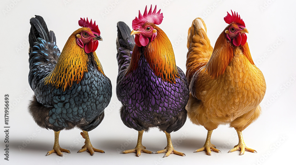 Fototapeta premium group of three chickens with varied feather colors and vibrant plumage