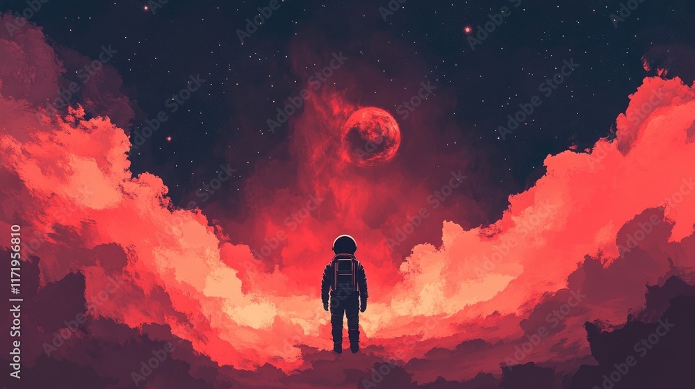 Fototapeta premium Astronaut Contemplates a Crimson Nebula and Distant Planet