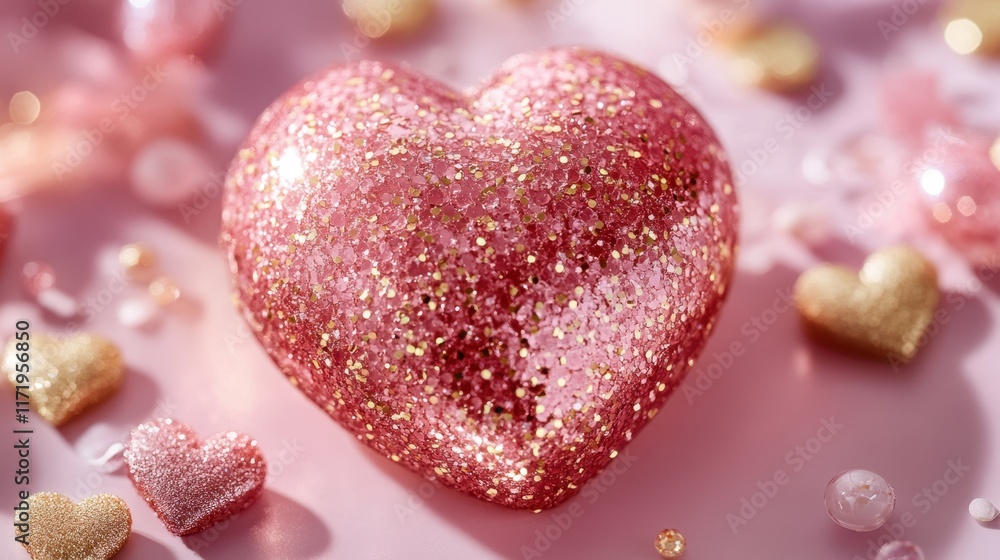 Obraz premium A shimmering pink heart adorned with sparkling gold glitters, radiating love and joy, perfect for celebrating Valentine's Day.