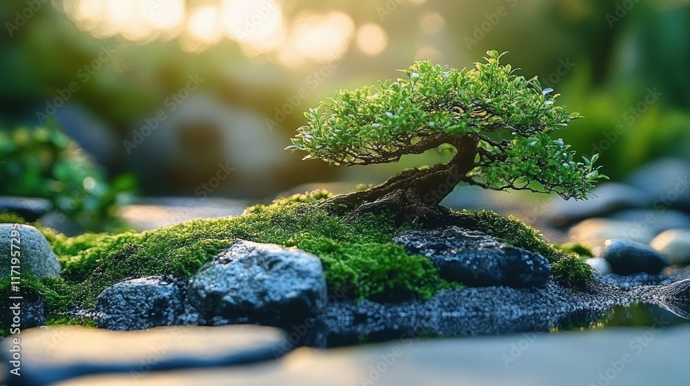 Japanese Garden Scene with Bonsai Tree and Mossy Stones Japanese Garden Scene with Bonsai Tree and Mossy Stones