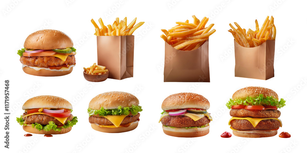 Delicious Fast Food Burger and Crispy French Fries on Transparent Background Delicious Fast Food Burger and Crispy French Fries on Transparent Background