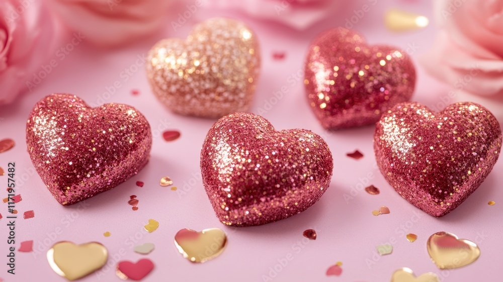 Obraz premium Four vibrant hearts rest on a beautifully set table, radiating love and warmth, perfect for a romantic Valentine's Day celebration.