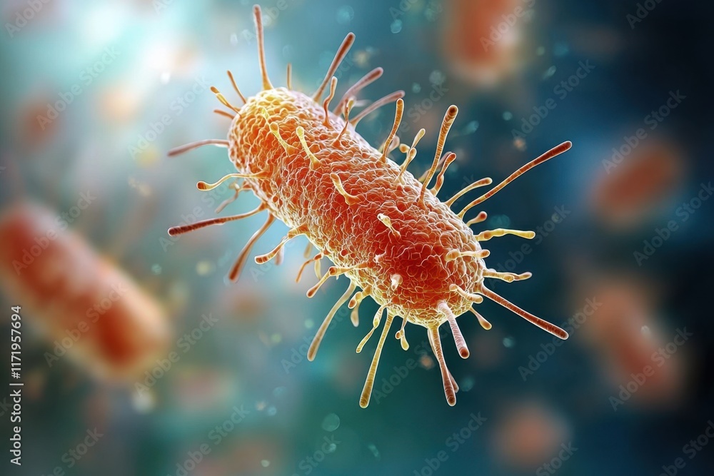 A 3D generated graphic depicting the structure of Escherichia coli bacteria, showcasing its rod shaped morphology and flagella for mobility. A 3D generated graphic depicting the structure of Escherichia coli bacteria, showcasing its rod shaped morphology and flagella for mobility.