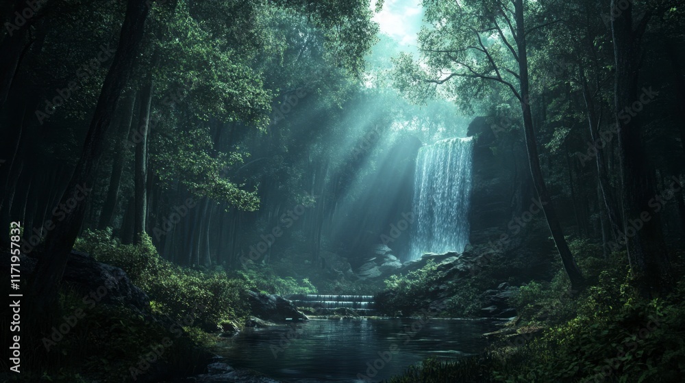 Fototapeta premium Mystical Waterfall in Emerald Forest - Fantasy Scene