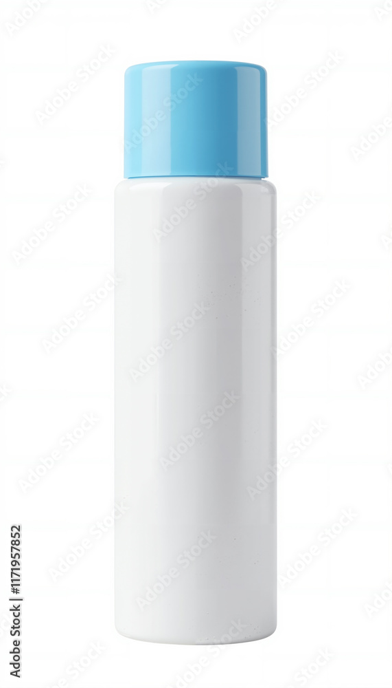 White Cylindrical Shampoo Bottle with Blue Cap Isolated on White Background White Cylindrical Shampoo Bottle with Blue Cap Isolated on White Background