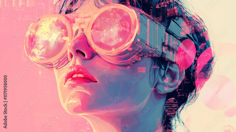 Smiling Woman in Futuristic Goggles - Cyberpunk Art Smiling Woman in Futuristic Goggles - Cyberpunk Art