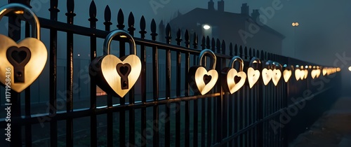Beautiful variations of love locks attached to a fence in an urban setting