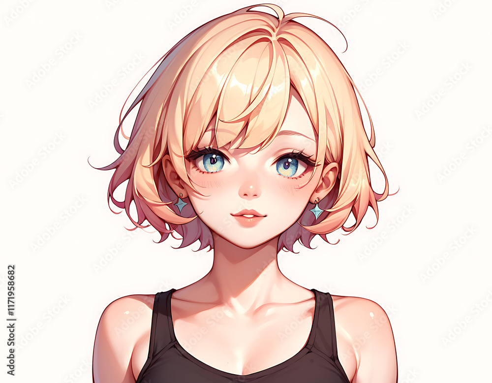 A peaceful anime portrait of a girl with white skin, short blonde hair, and a soft lavender background. pastel art.
